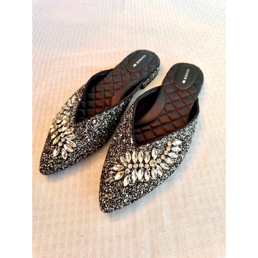 Birdies The Swan Silver Gunmetal Glitter Crystal Embellished Mules Womens 10